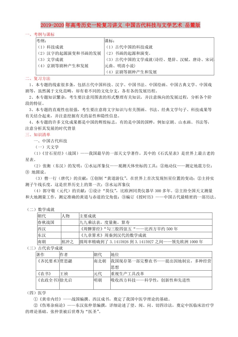 2019-2020年高考历史一轮复习讲义 中国古代科技与文学艺术 岳麓版.doc_第1页