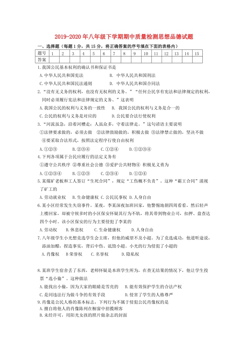 2019-2020年八年级下学期期中质量检测思想品德试题.doc_第1页