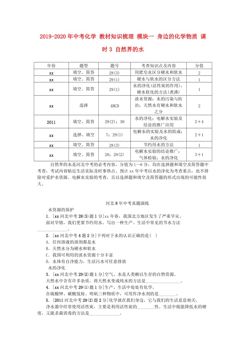 2019-2020年中考化学 教材知识梳理 模块一 身边的化学物质 课时3 自然界的水.doc_第1页