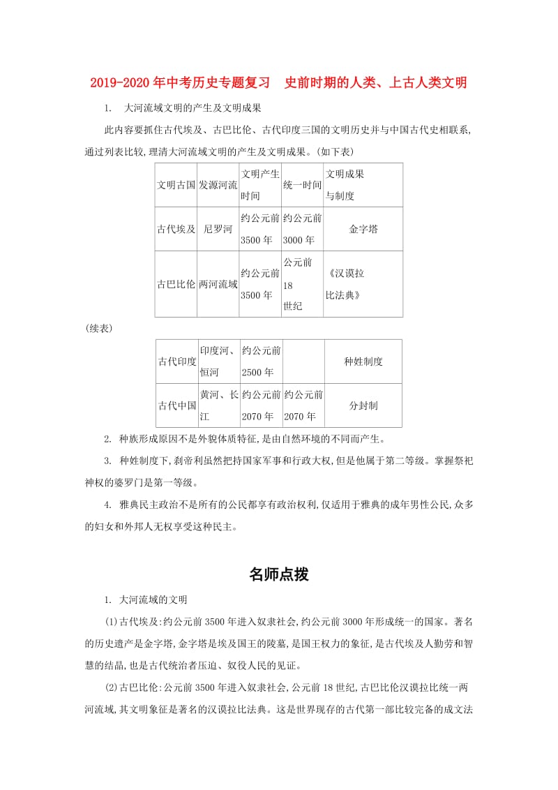 2019-2020年中考历史专题复习 史前时期的人类、上古人类文明.doc_第1页