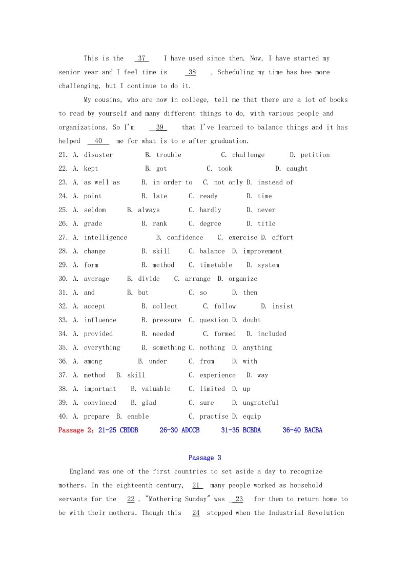 2019-2020年高考英语二轮复习 完形填空寒假精练（5）.doc_第3页