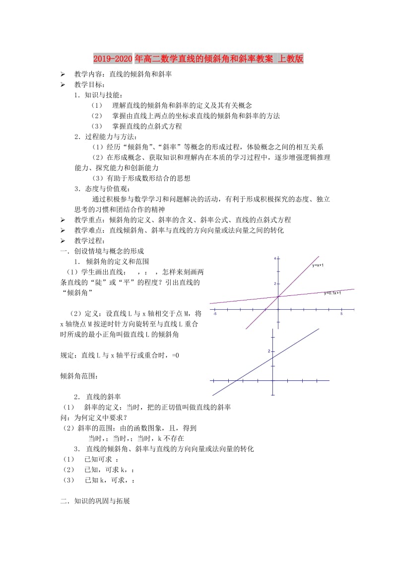 2019-2020年高二数学直线的倾斜角和斜率教案 上教版.doc_第1页