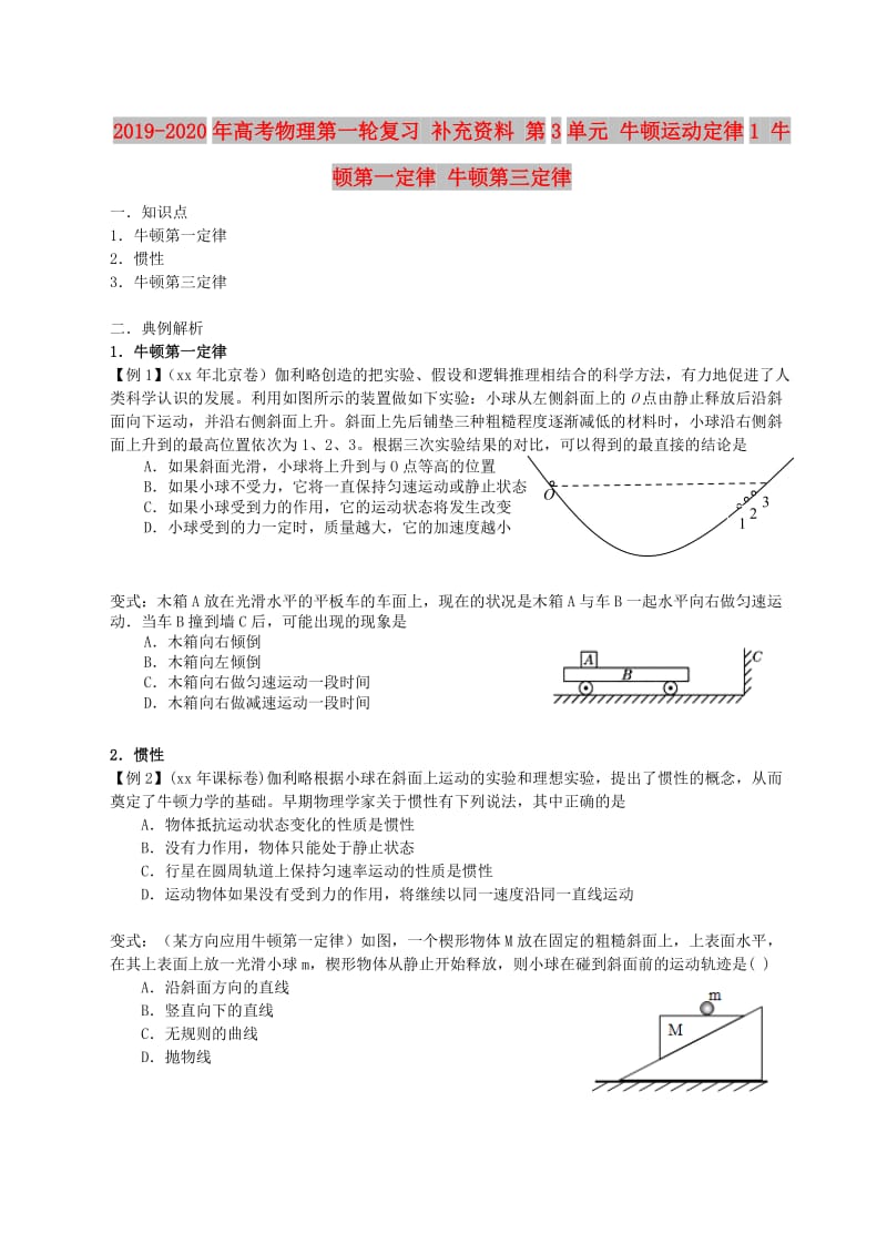 2019-2020年高考物理第一轮复习 补充资料 第3单元 牛顿运动定律1 牛顿第一定律 牛顿第三定律.doc_第1页