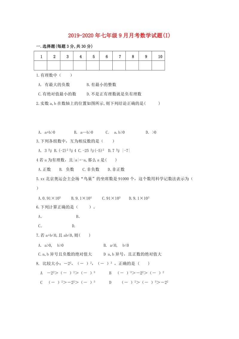 2019-2020年七年级9月月考数学试题(I).doc_第1页