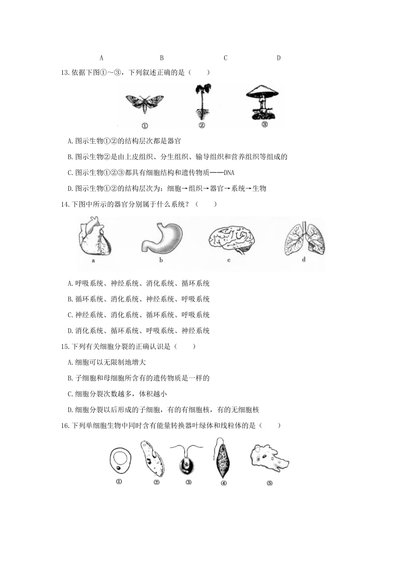 2019-2020年七年级上册第2章 观察生物 单元测试题.doc_第3页