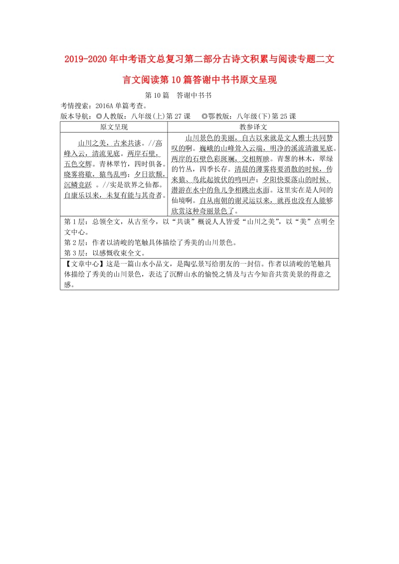 2019-2020年中考语文总复习第二部分古诗文积累与阅读专题二文言文阅读第10篇答谢中书书原文呈现.doc_第1页