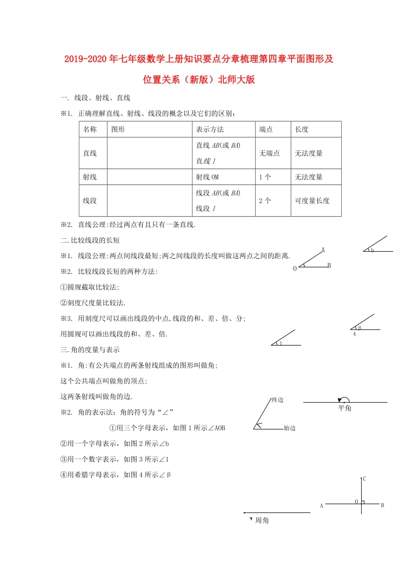 2019-2020年七年级数学上册知识要点分章梳理第四章平面图形及位置关系（新版）北师大版.doc_第1页