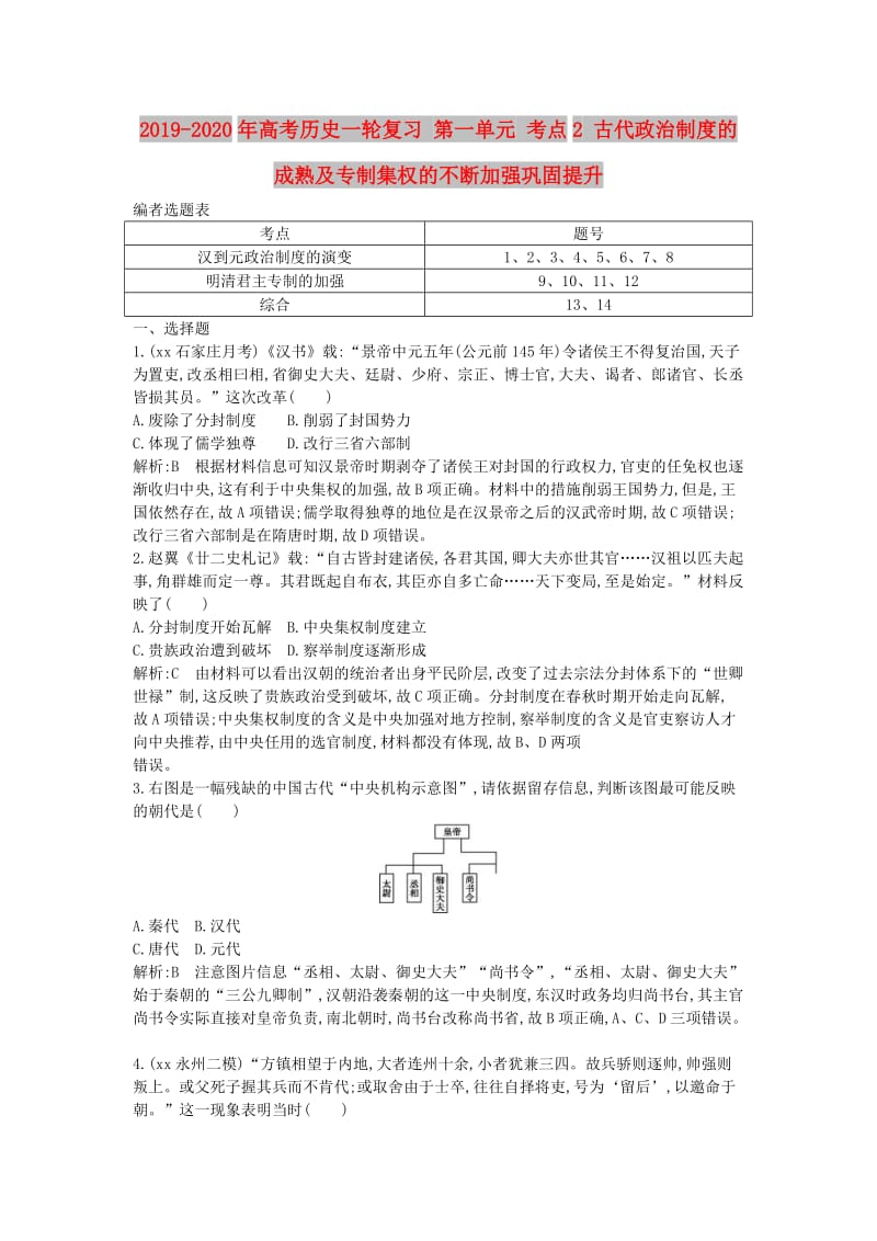 2019-2020年高考历史一轮复习 第一单元 考点2 古代政治制度的成熟及专制集权的不断加强巩固提升.doc_第1页