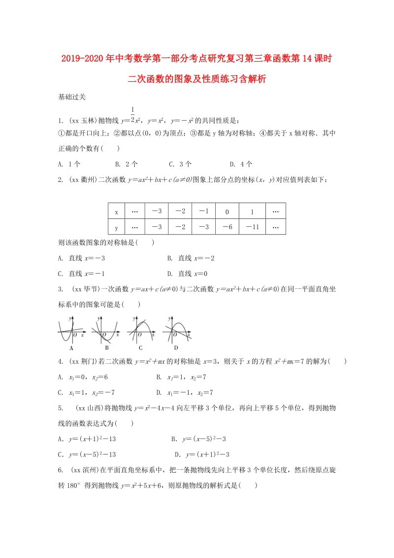 2019-2020年中考数学第一部分考点研究复习第三章函数第14课时二次函数的图象及性质练习含解析.doc_第1页