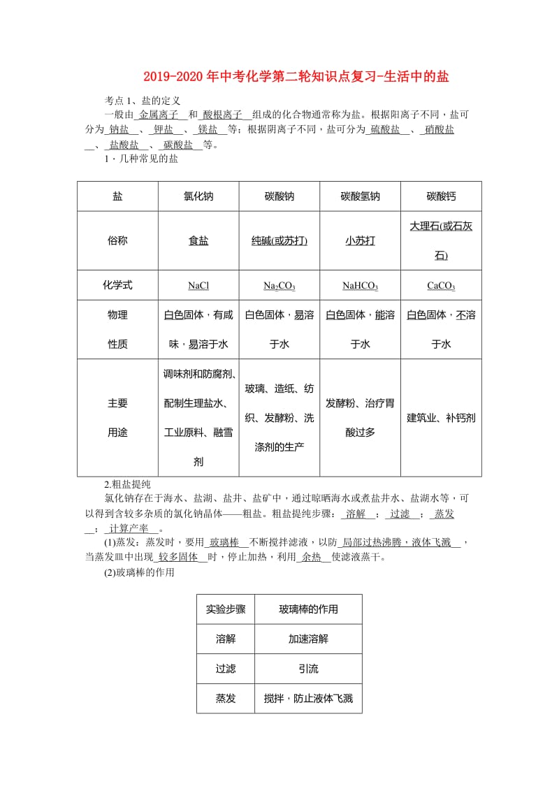 2019-2020年中考化学第二轮知识点复习-生活中的盐.doc_第1页