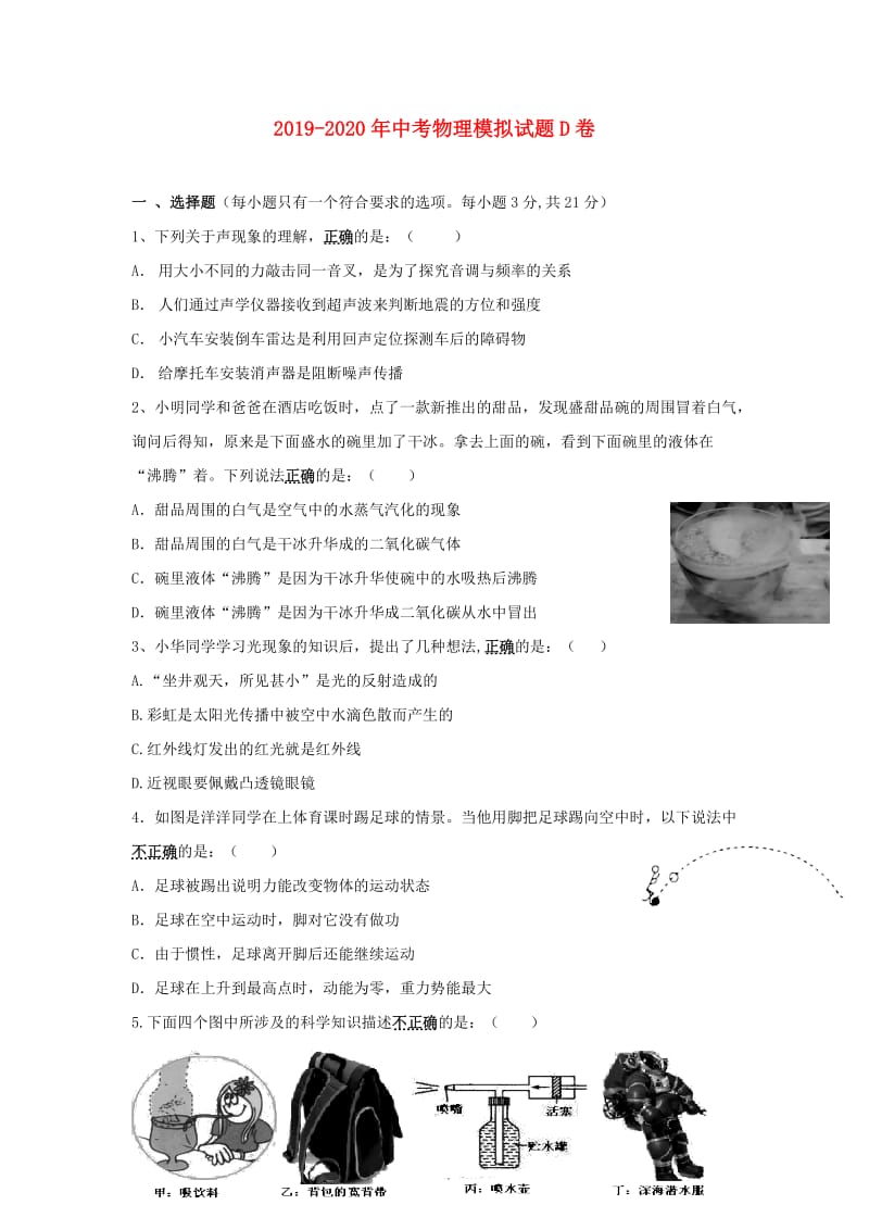 2019-2020年中考物理模拟试题D卷.doc_第1页