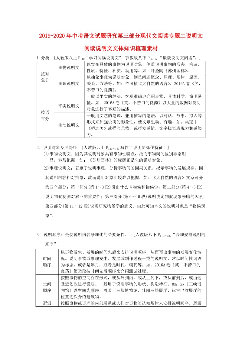 2019-2020年中考语文试题研究第三部分现代文阅读专题二说明文阅读说明文文体知识梳理素材.doc_第1页