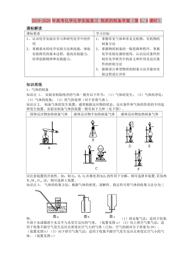 2019-2020年高考化学化学实验复习 物质的制备学案（第5、6课时）.doc_第1页