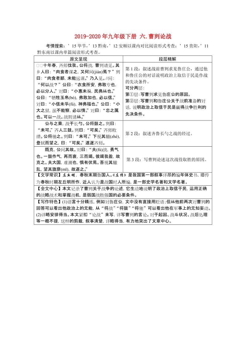 2019-2020年九年级下册 六.曹刿论战.doc_第1页