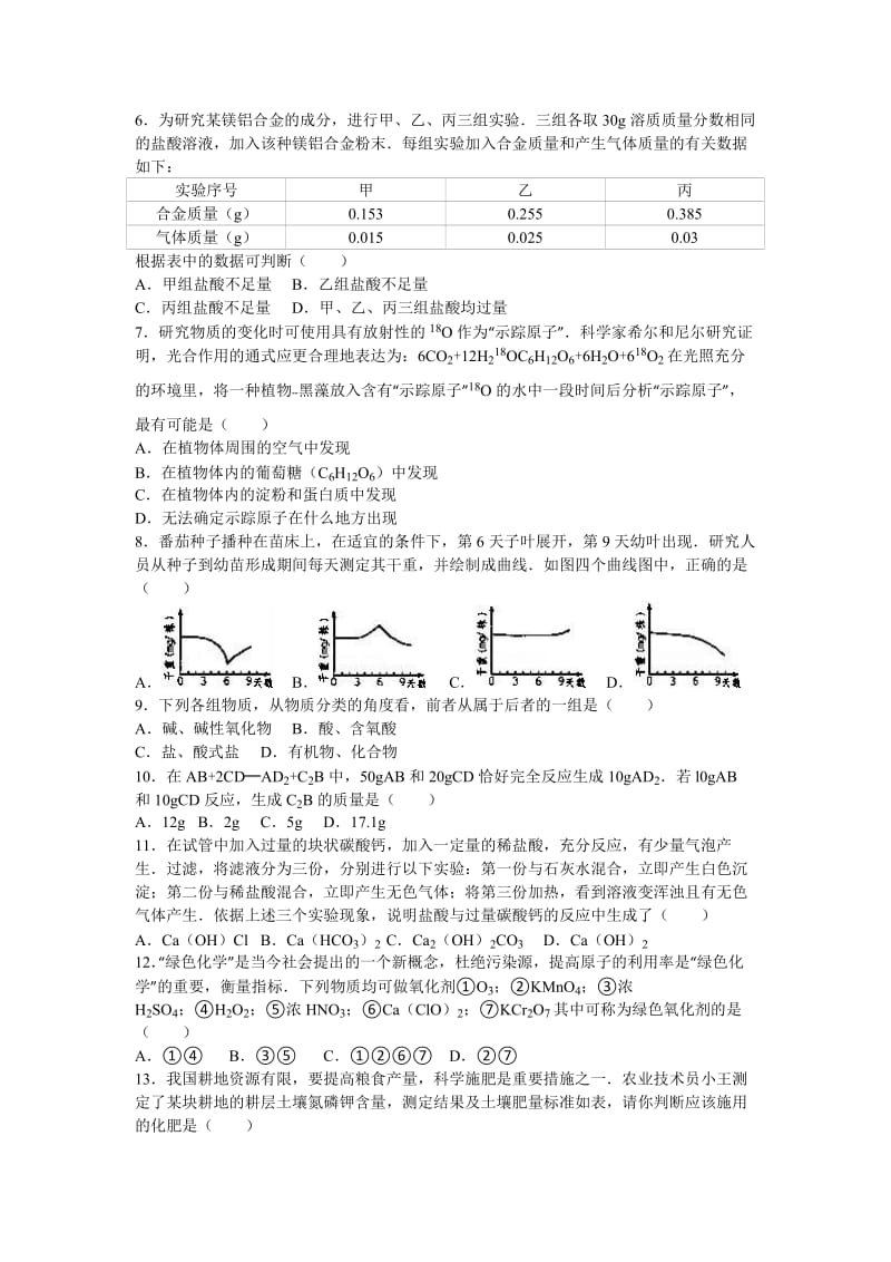 2019-2020年中考化学查漏补缺试卷（1）.doc_第2页