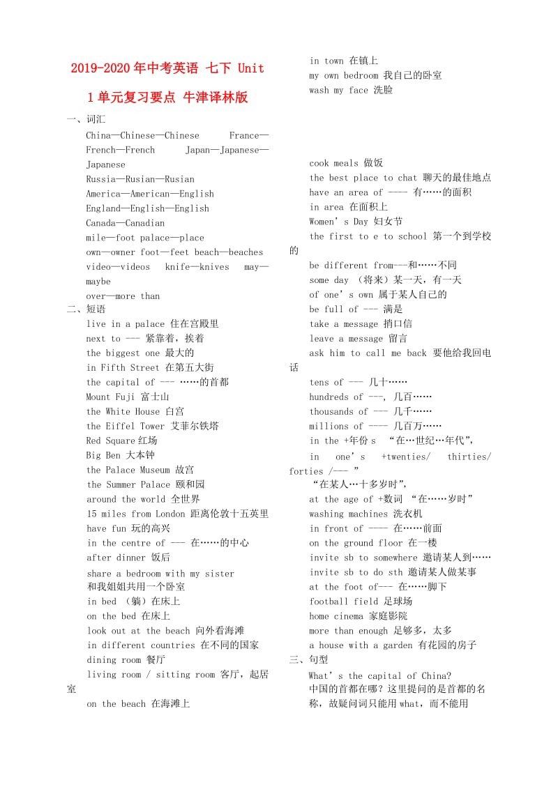 2019-2020年中考英语 七下 Unit 1单元复习要点 牛津译林版.doc_第1页