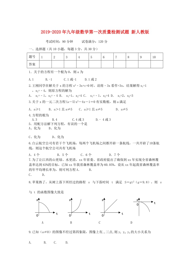 2019-2020年九年级数学第一次质量检测试题 新人教版.doc_第1页