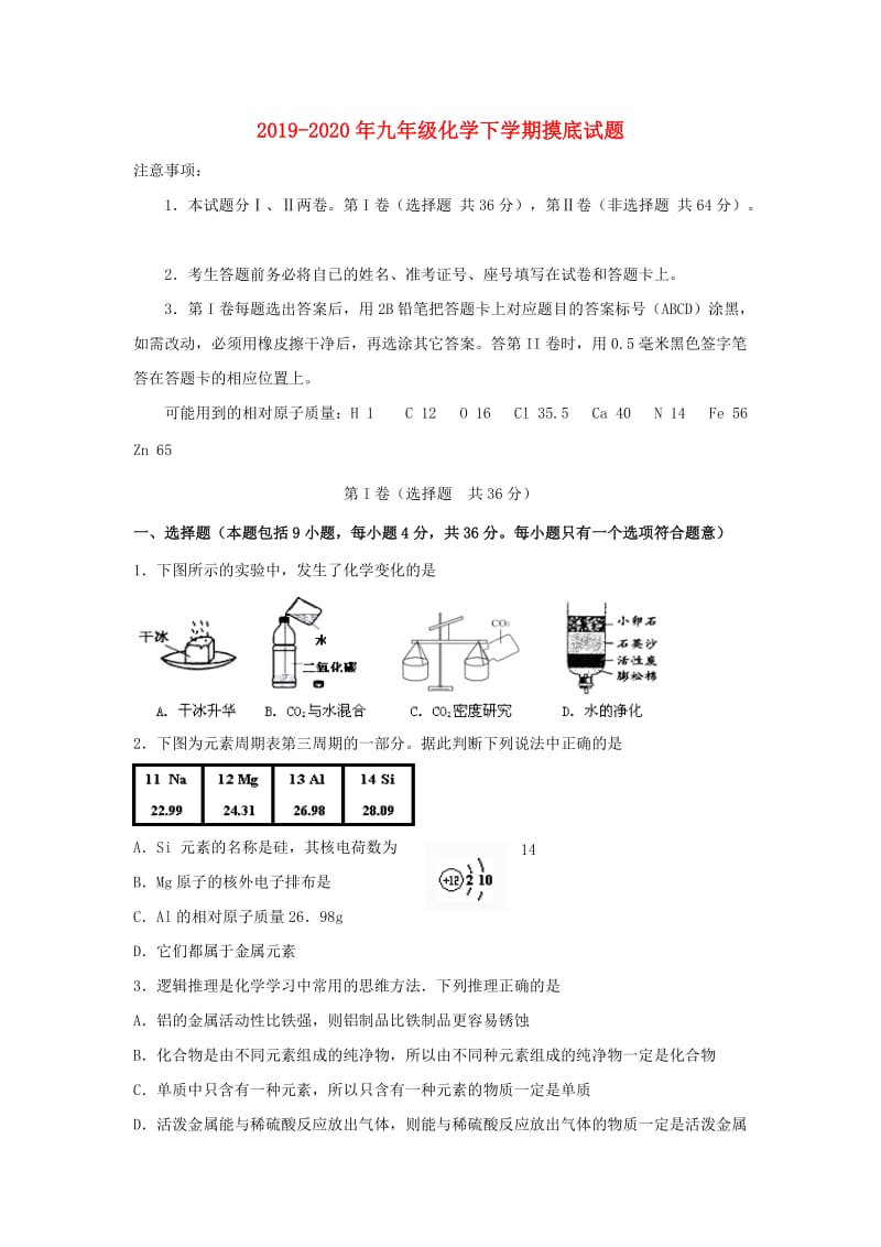 2019-2020年九年级化学下学期摸底试题.doc_第1页