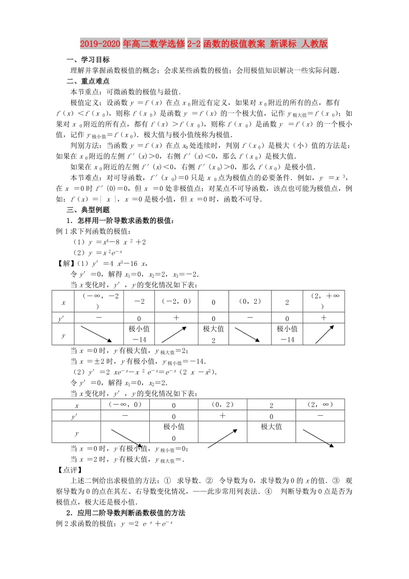 2019-2020年高二数学选修2-2函数的极值教案 新课标 人教版.doc_第1页