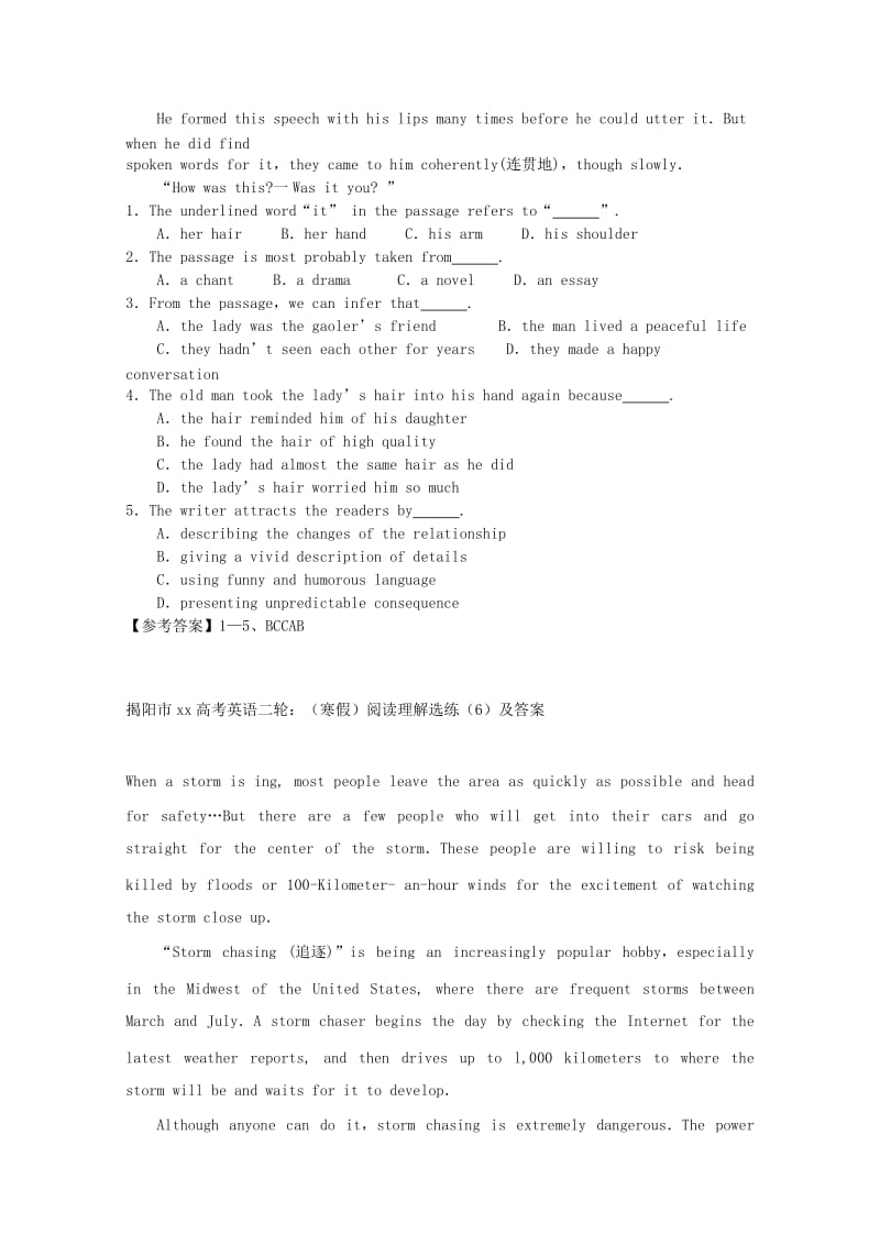 2019-2020年高考英语二轮复习 阅读理解寒假选练（6）(II).doc_第2页