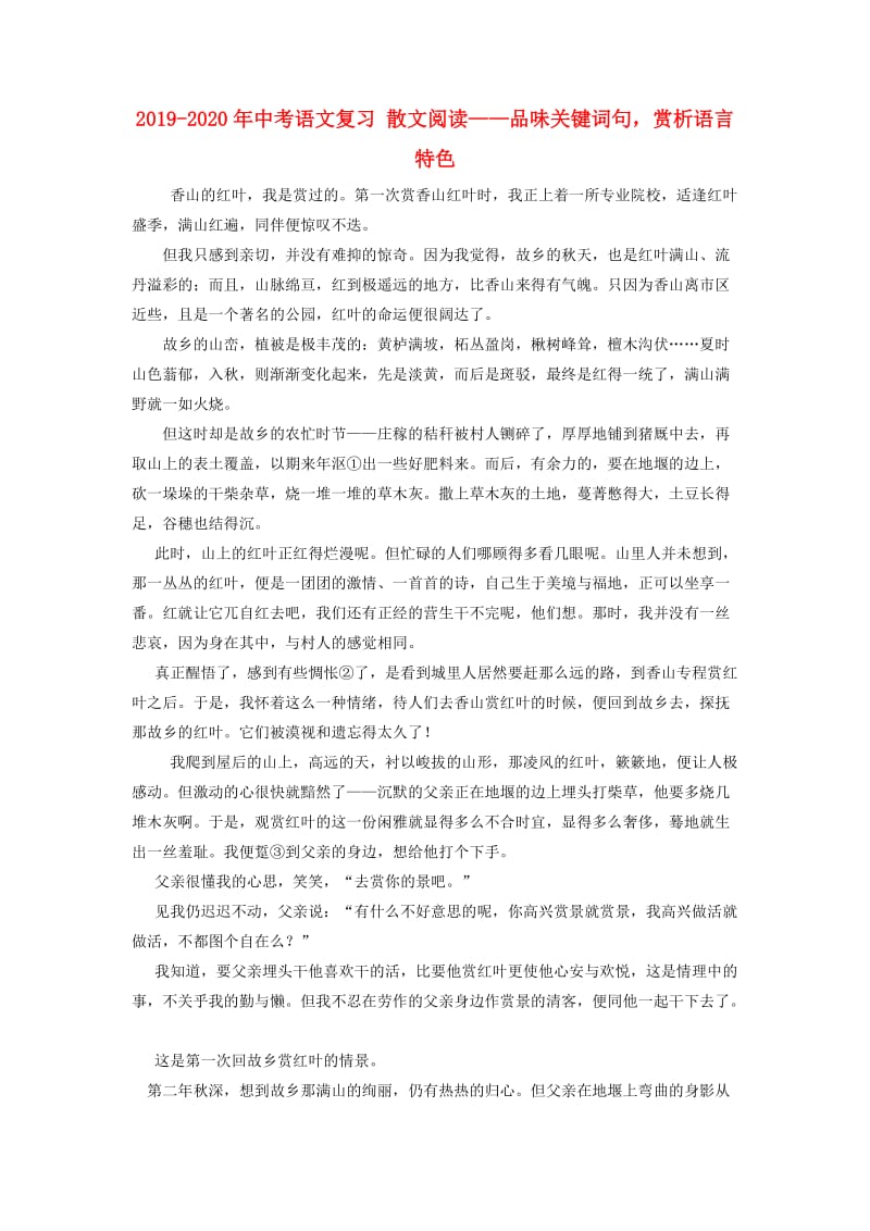 2019-2020年中考语文复习 散文阅读——品味关键词句赏析语言特色.doc_第1页