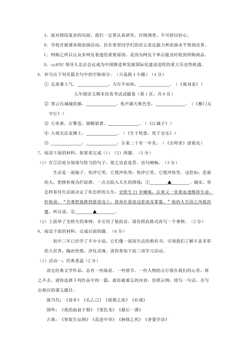 2019-2020年九年级上学期期末语文仿真试题.doc_第2页