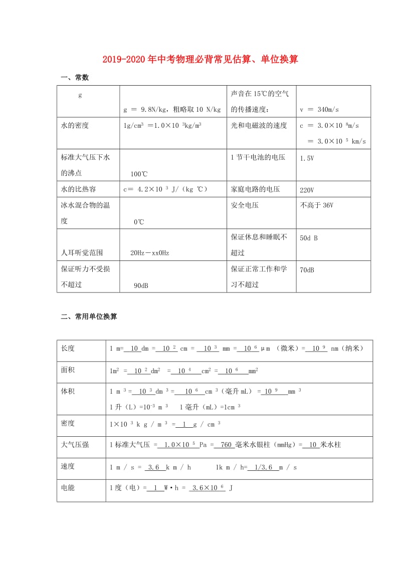 2019-2020年中考物理必背常见估算、单位换算.doc_第1页