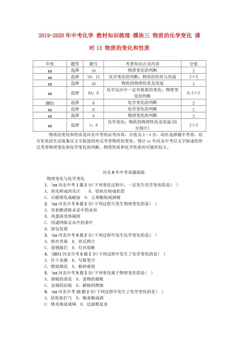 2019-2020年中考化学 教材知识梳理 模块三 物质的化学变化 课时13 物质的变化和性质.doc_第1页