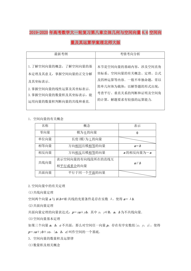 2019-2020年高考数学大一轮复习第八章立体几何与空间向量8.6空间向量及其运算学案理北师大版.doc_第1页