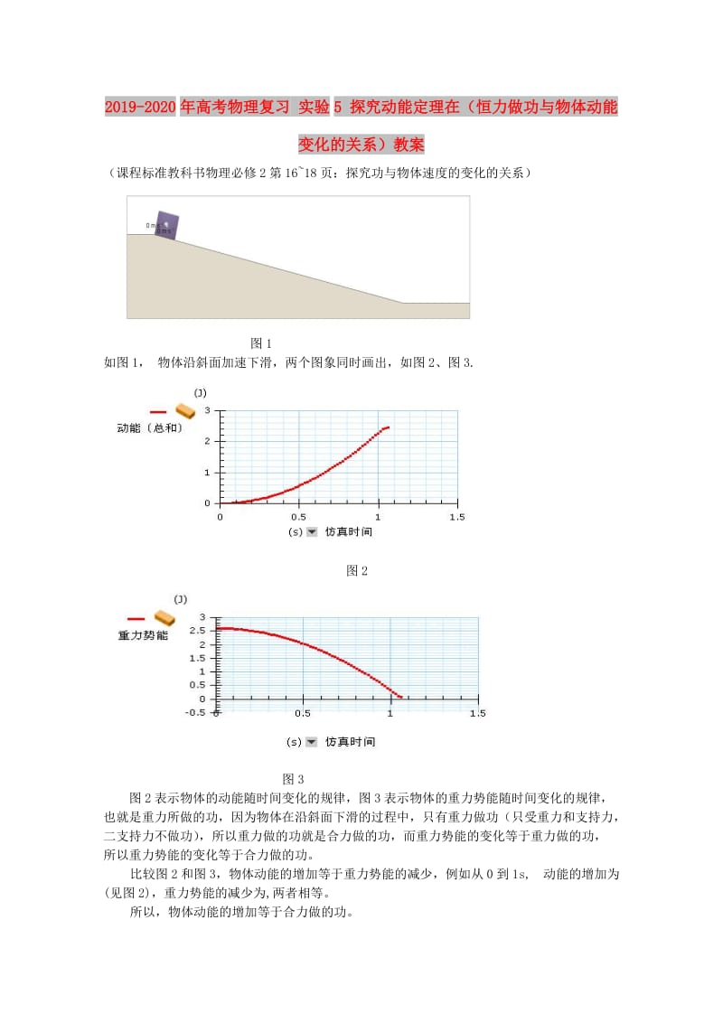 2019-2020年高考物理复习 实验5 探究动能定理在（恒力做功与物体动能变化的关系）教案.doc_第1页