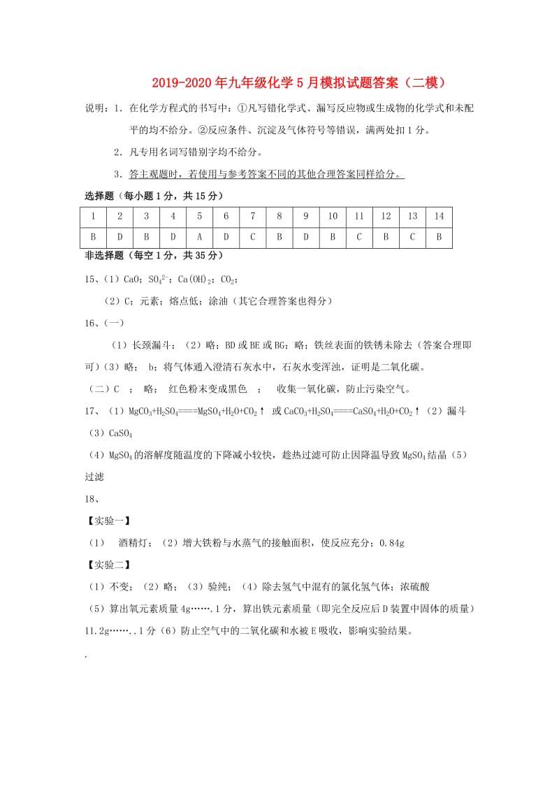 2019-2020年九年级化学5月模拟试题答案（二模）.doc_第1页