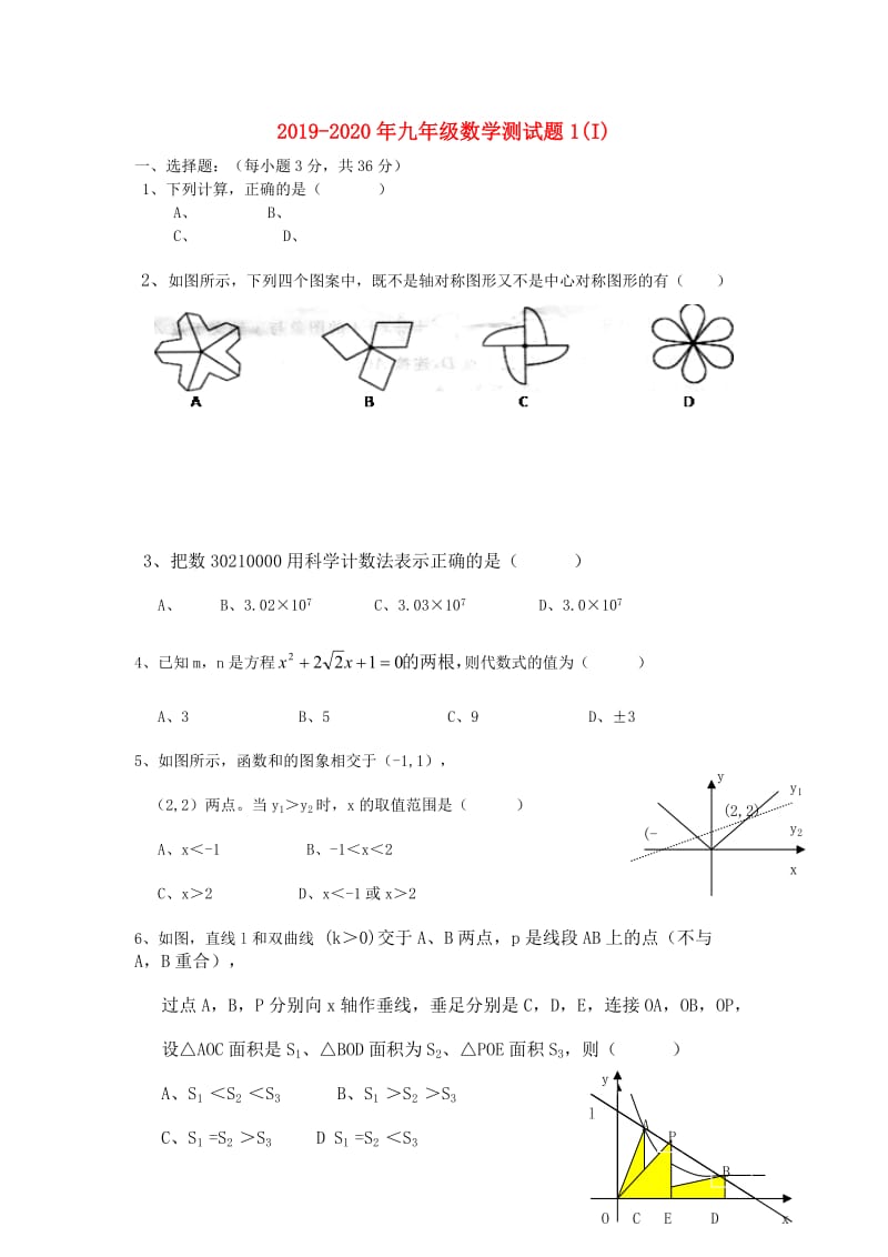 2019-2020年九年级数学测试题1(I).doc_第1页