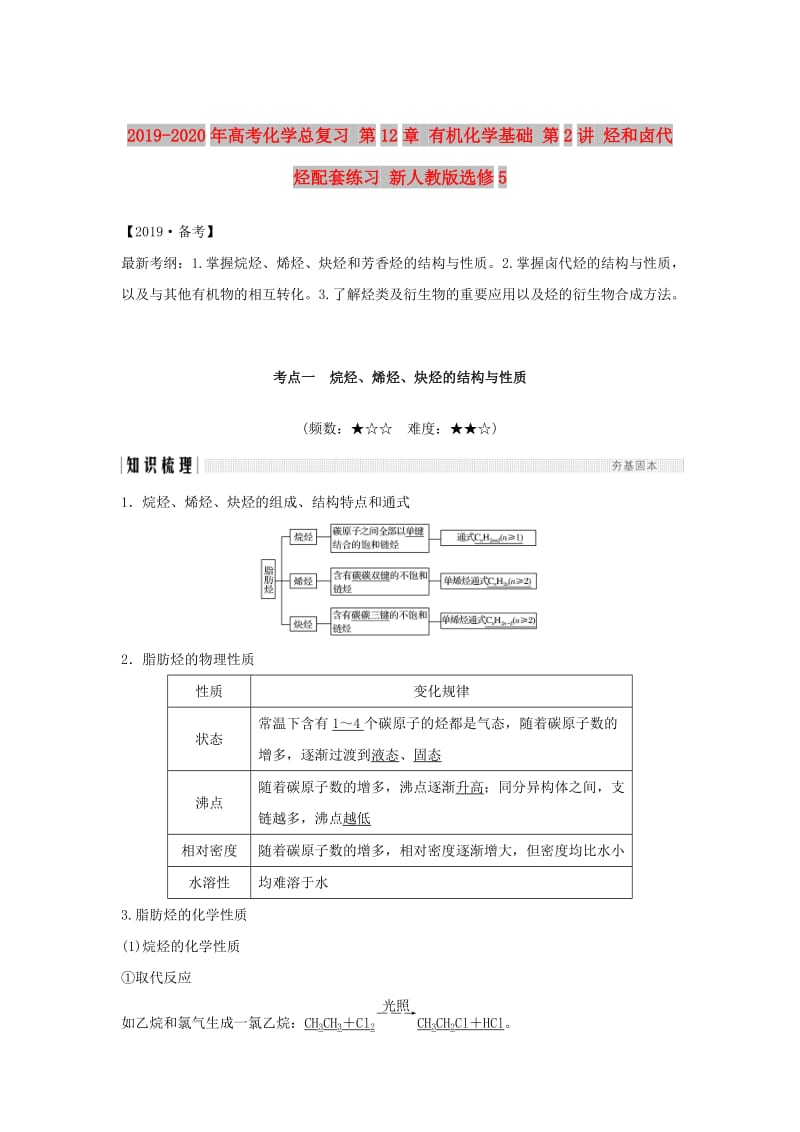 2019-2020年高考化学总复习 第12章 有机化学基础 第2讲 烃和卤代烃配套练习 新人教版选修5.doc_第1页