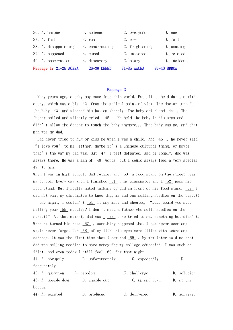 2019-2020年高考英语二轮复习 完形填空寒假精练（6）.doc_第2页