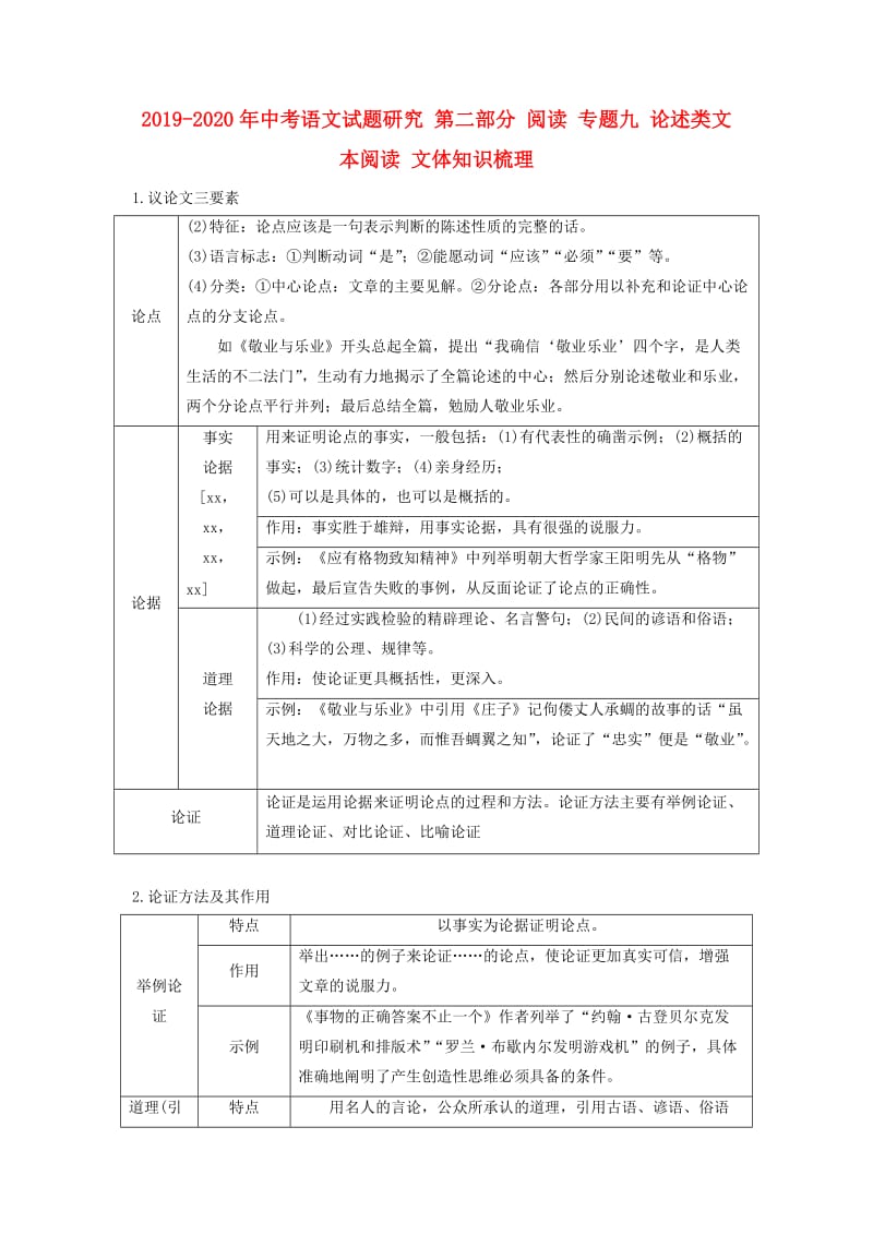 2019-2020年中考语文试题研究 第二部分 阅读 专题九 论述类文本阅读 文体知识梳理.doc_第1页