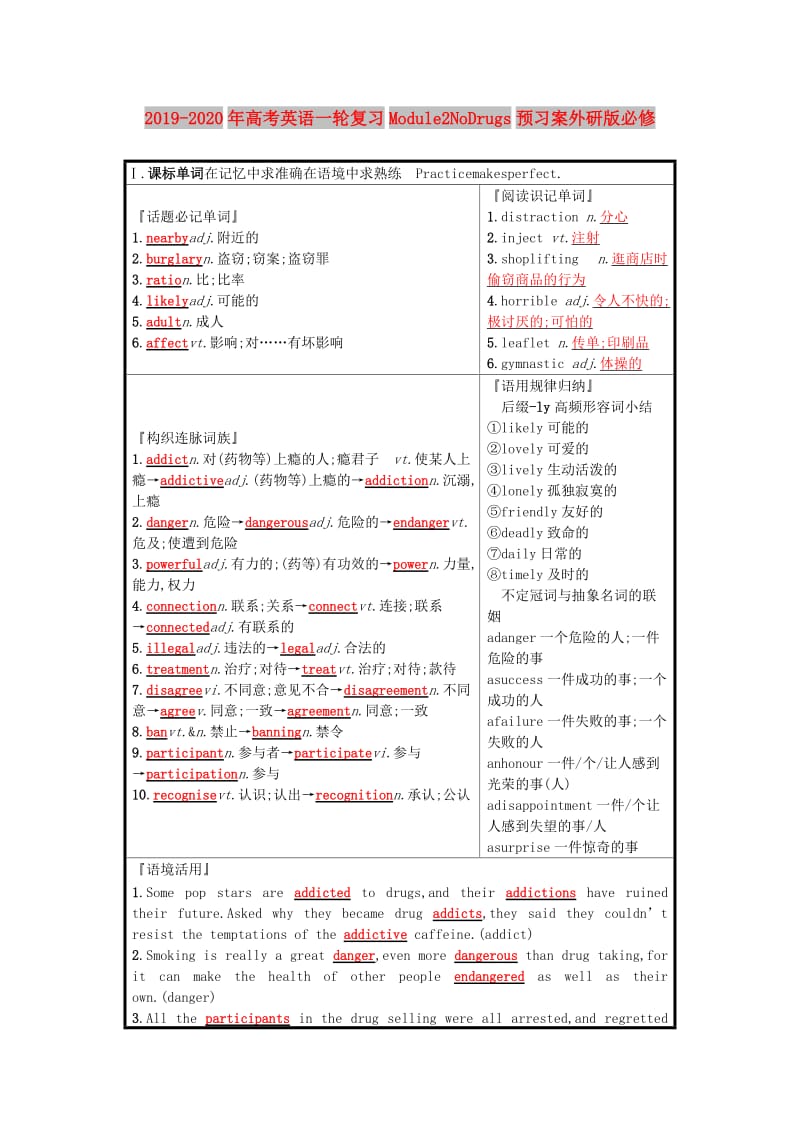 2019-2020年高考英语一轮复习Module2NoDrugs预习案外研版必修.doc_第1页