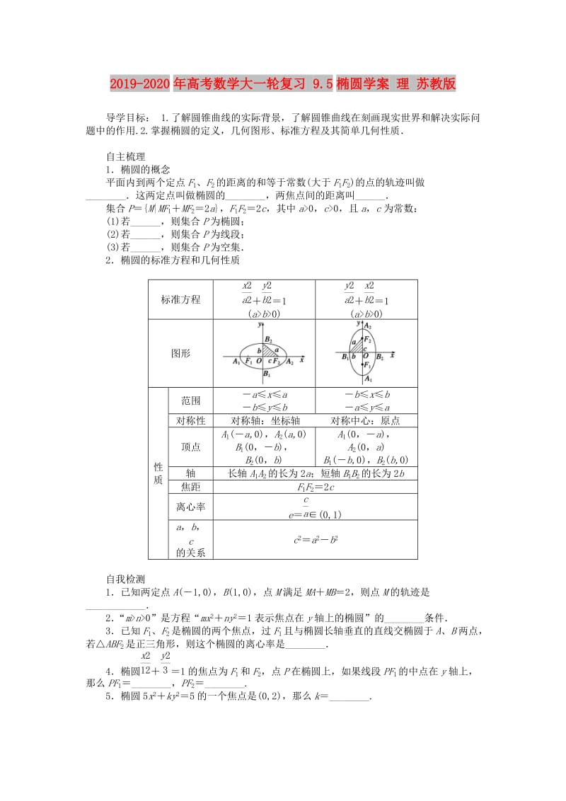 2019-2020年高考数学大一轮复习 9.5椭圆学案 理 苏教版.doc_第1页