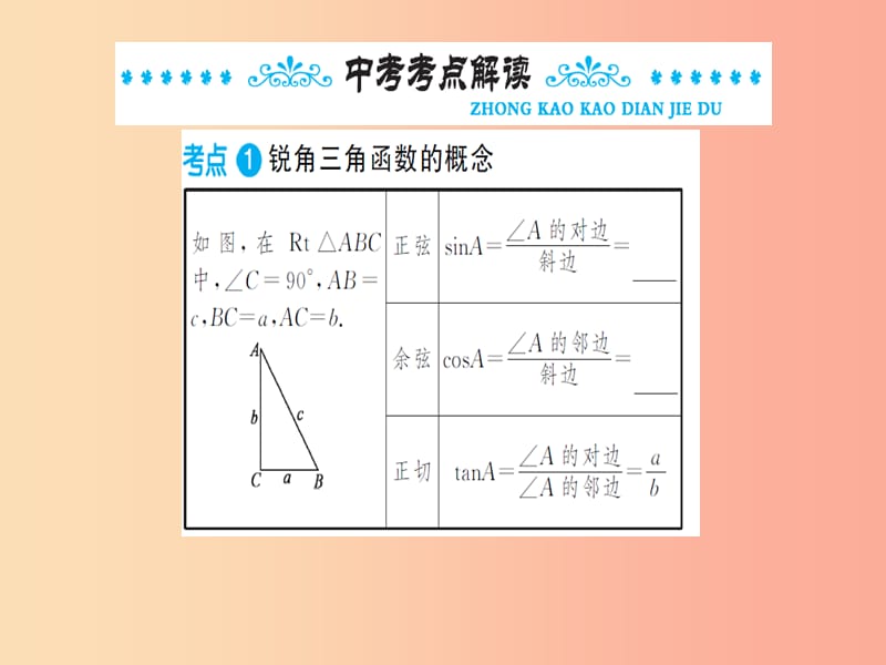 湖北省2019中考数学一轮复习 第四章 图形的初步认识与三角形 第六节 锐角三角函数及其应用课件.ppt_第2页