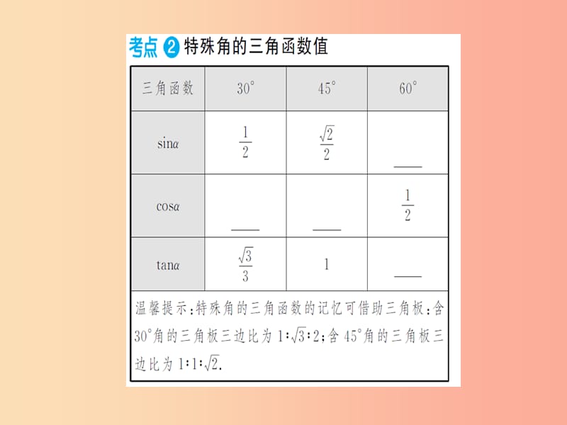 湖北省2019中考数学一轮复习 第四章 图形的初步认识与三角形 第六节 锐角三角函数及其应用课件.ppt_第3页