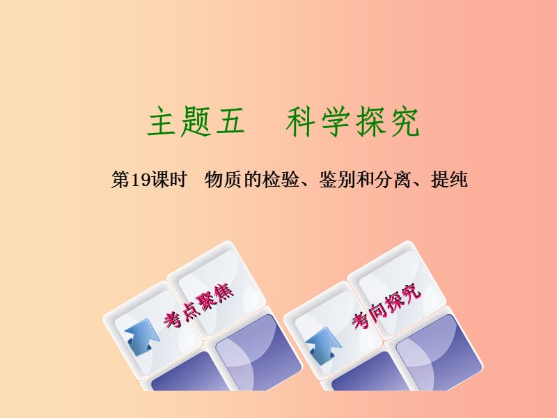 湖南省2019年中考化学复习 主题五 科学探究 第19课时 物质的检验、鉴别和分离、提纯课件.ppt_第1页