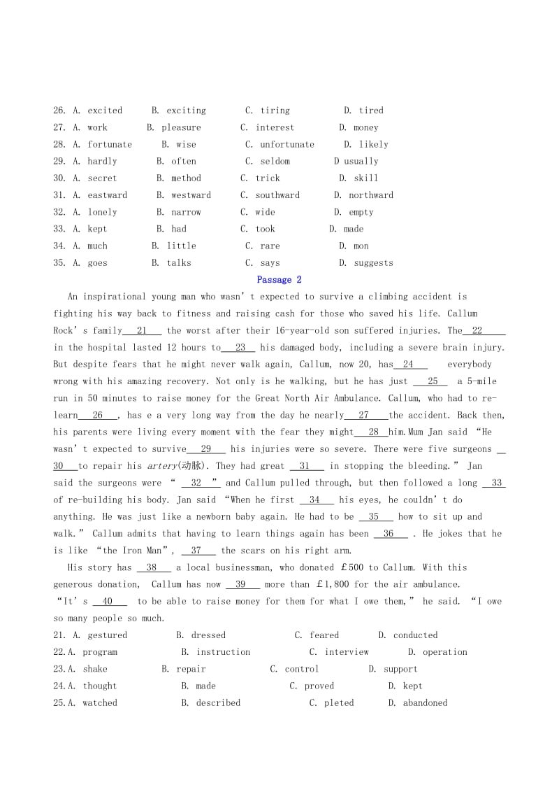 2019-2020年高考英语完形填空集训（四）.doc_第2页