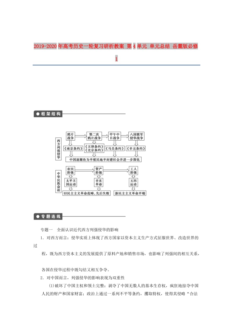 2019-2020年高考历史一轮复习研析教案 第4单元 单元总结 岳麓版必修1.doc_第1页