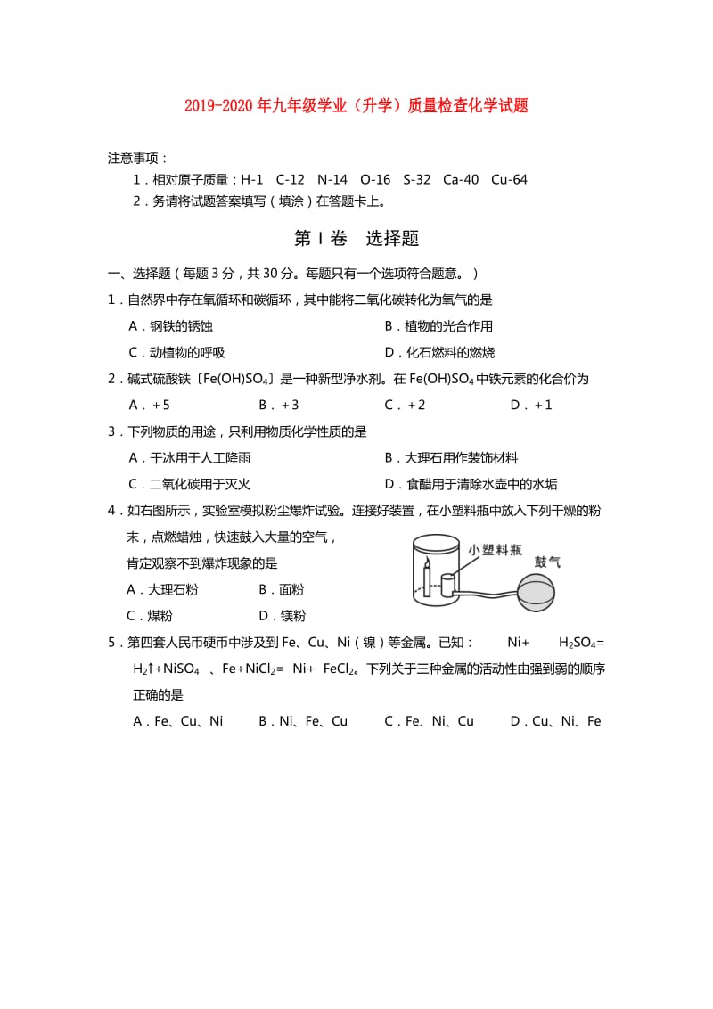 2019-2020年九年级学业（升学）质量检查化学试题.doc_第1页