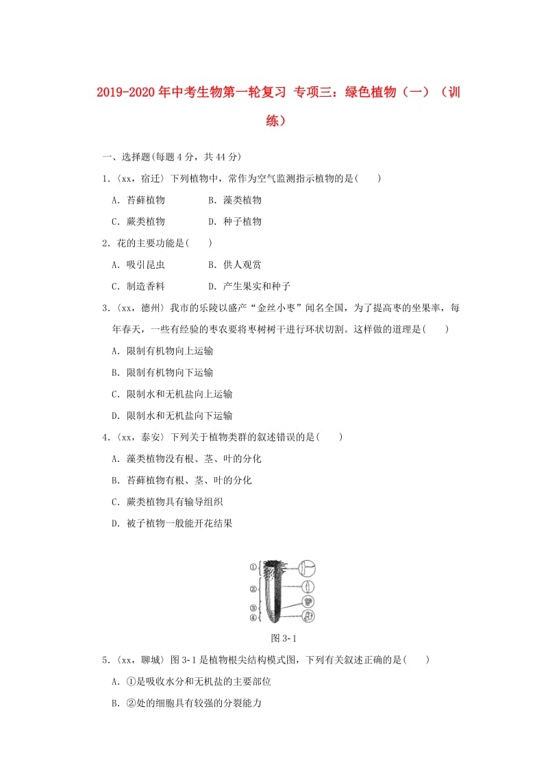 2019-2020年中考生物第一轮复习 专项三：绿色植物（一）（训练）.doc_第1页