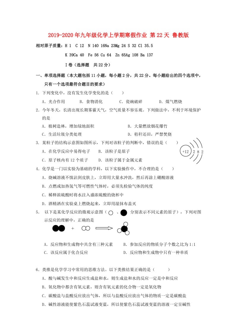 2019-2020年九年级化学上学期寒假作业 第22天 鲁教版.doc_第1页