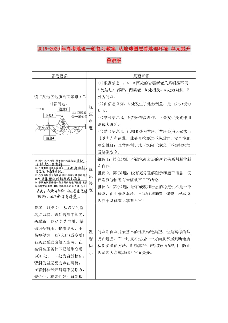 2019-2020年高考地理一轮复习教案 从地球圈层看地理环境 单元提升 鲁教版.doc_第1页