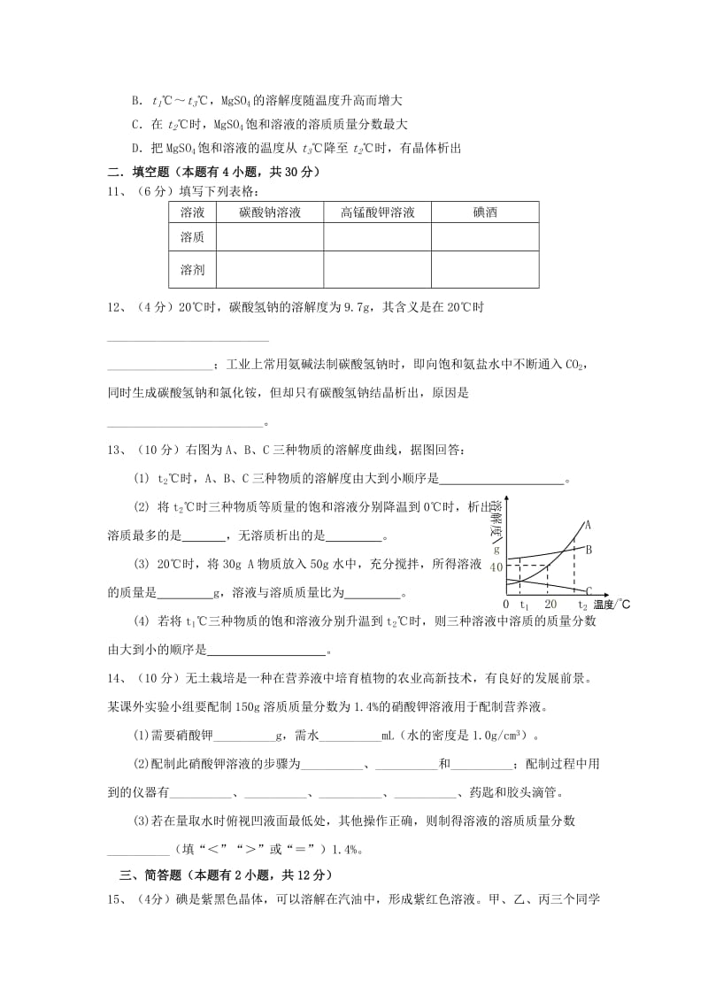 2019-2020年九年级化学下册第九单元 溶液单元综合测试题（含答案）.doc_第2页