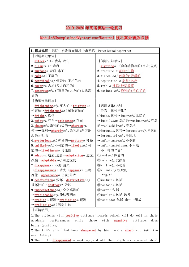 2019-2020年高考英语一轮复习Module6UnexplainedMysteriesofNatural预习案外研版必修.doc_第1页