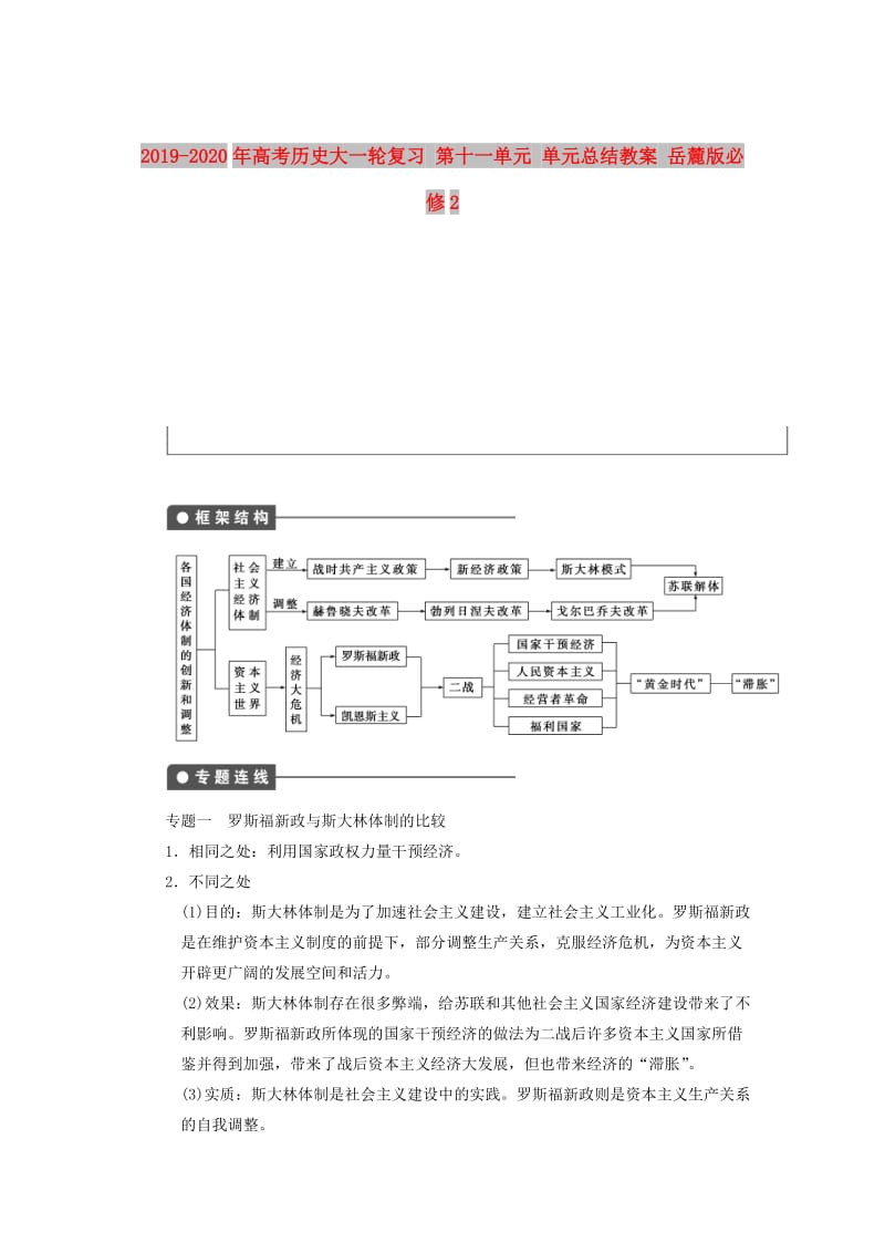 2019-2020年高考历史大一轮复习 第十一单元 单元总结教案 岳麓版必修2.doc_第1页