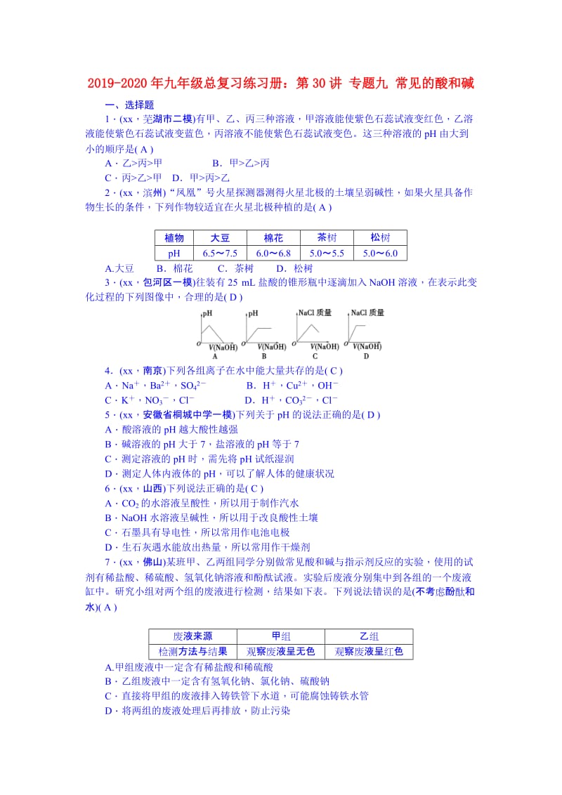 2019-2020年九年级总复习练习册：第30讲 专题九 常见的酸和碱.doc_第1页